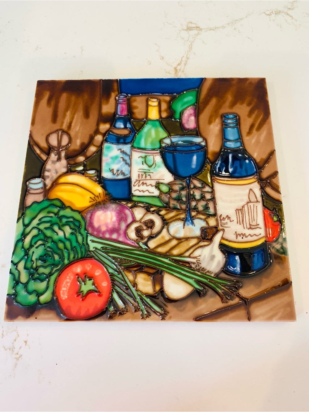 Picnic Scene Ceramic Tile Trivet Art Wine Bottle, Grapes, Veggies 8”